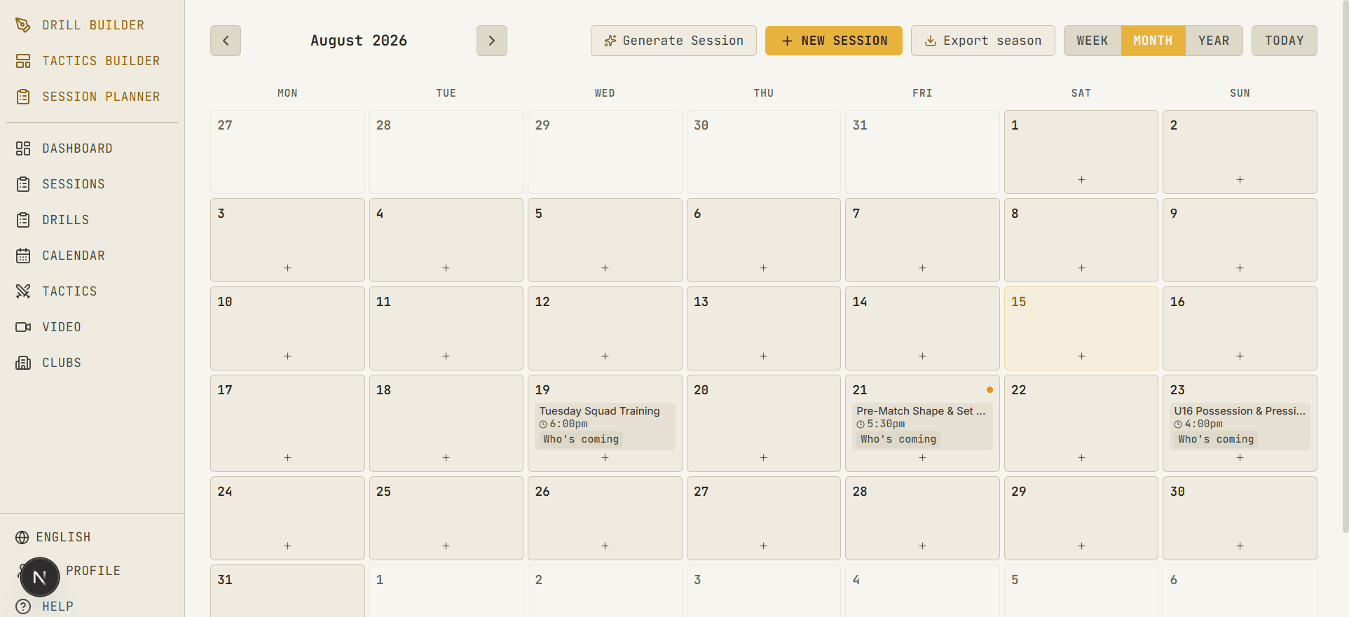 Clubroom.io training calendar