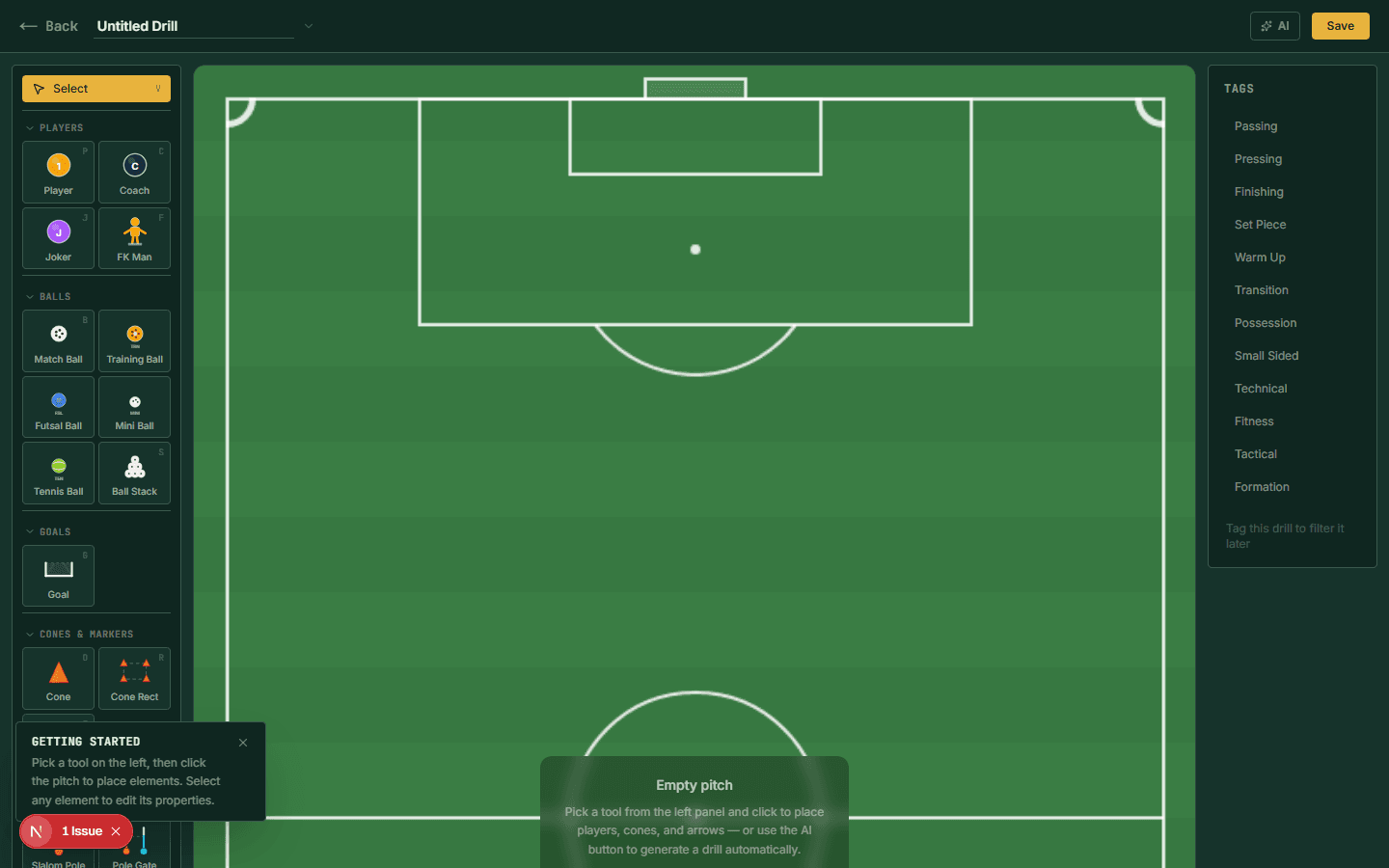 Clubroom drill builder — interactive pitch canvas with players and movements