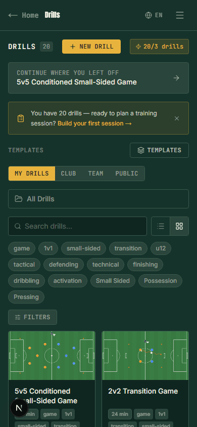 Clubroom on mobile — drill library